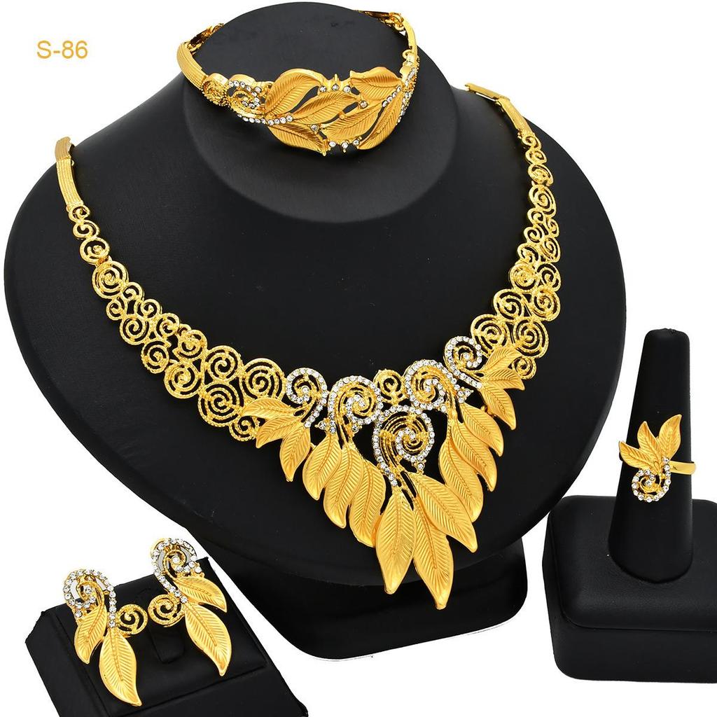 24K Gold-Plated Bridal Jewelry Set: Necklace & Earrings, Middle Eastern Wedding Style, Dubai Four-Piece Set