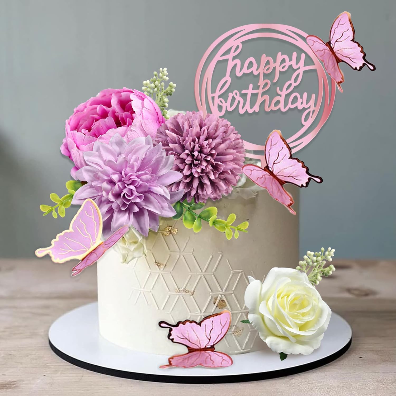 

Flower Cake Toppers with Butterfly Happy Birthday and Artificial Rose Flowers Eucalyptus Butterflies for Birthday Wedding фиолетовый
