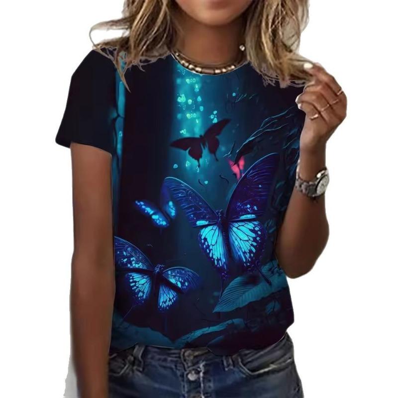 Damen T-Shirt 3D Muster Bedruckt Lässig Kurzärmlig Schmetterlingsmuster Druck O-Ausschnitt Top Modische Street Damenbekleidung