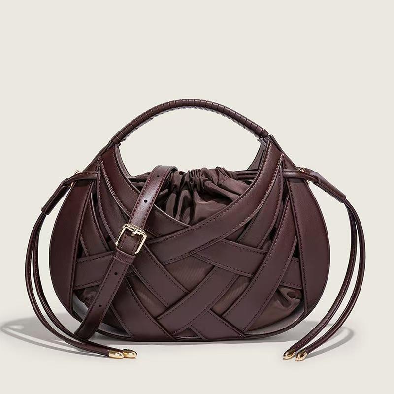 Woven Mini Tote Bag Women Structured Oval Crossbody With Drawstring PU Leather Retro Chic Everyday Shoulder