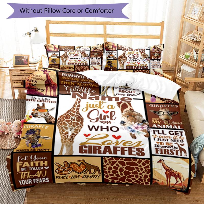 3pcs Custom Name Giraffe Bedding Set Duvet Cover Closure Includes 1 Duvet Cover & 2 Pillowcases, Soft and Comfortable for All Seasons.