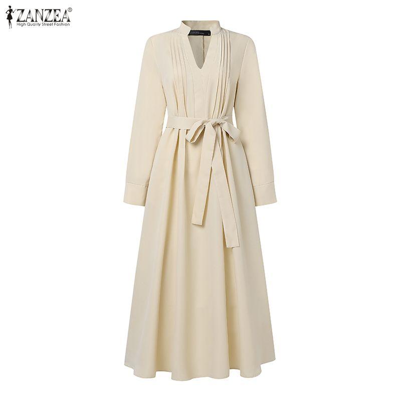 ZANZEA Women Casual Stand Collar Loose Long Sleeve Shirt Dress