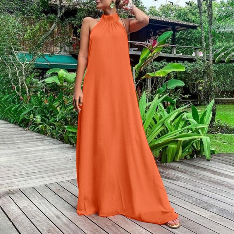 

VONDA Summer Women Bohemia Sleeveless Solid Color Casual Beach Loose Maxi Dress 5XL