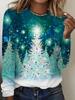 Damen Rundhals Langarm T-Shirt Leuchtender Weihnachtsbaum Stern Schneeszene Aufdruck Feiertags Freizeit Party Oberteil Damenbekleidung