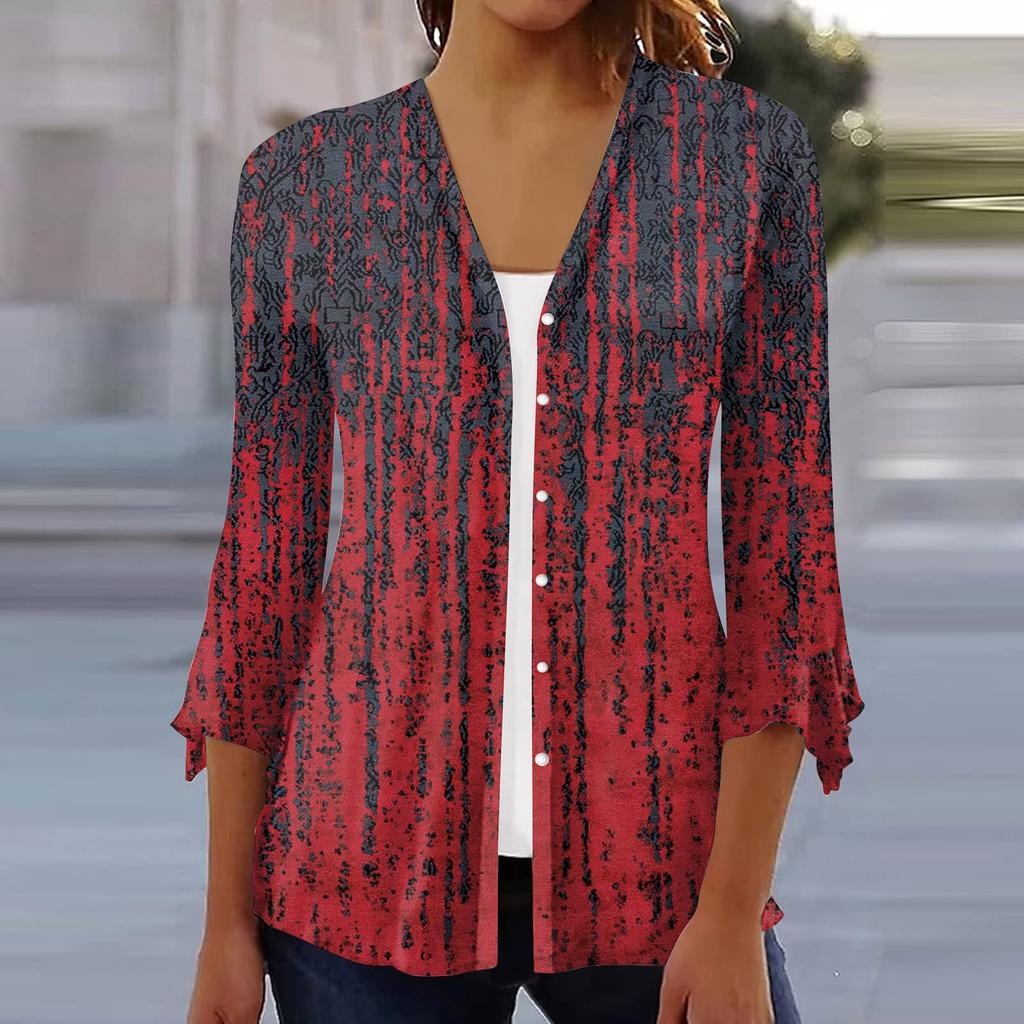 Women's Shirt Blouse Outerwear Print 3/4 Length Sleeve Casual Holiday Basic Button Tops