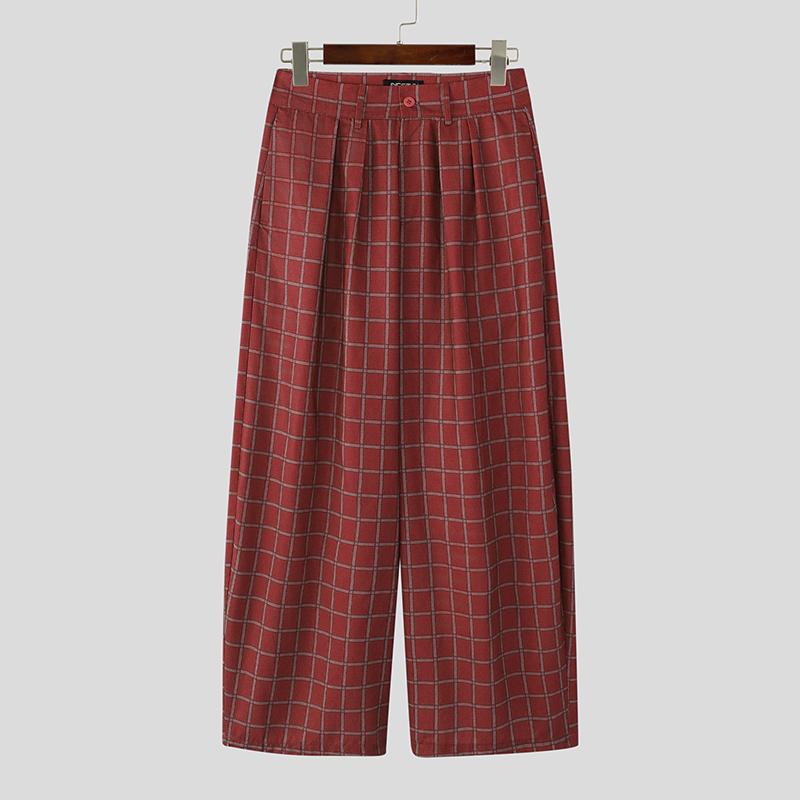 INCERUN Men Casual Zip-up Waist Plaid Wide Legs Pants Long Trousers