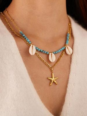 1 Peça Colar Dupla Camada Estrela do Mar & Concha Estilo Boêmio Feminino Turquesa Aço Titânio Corrente da Clavícula, Decoração de Praia Zircônia