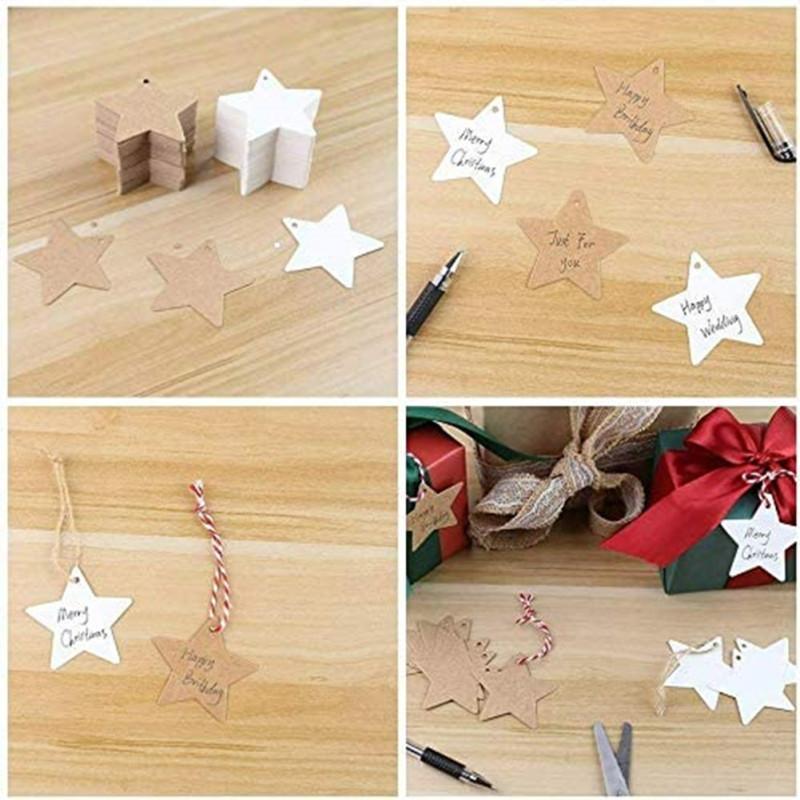 100 szt. Etykieta w kształcie gwiazdy z papieru kraft z jutowym sznurkiem Pusta etykieta Prezent do pieczenia na Boże Narodzenie, ślub, urodziny