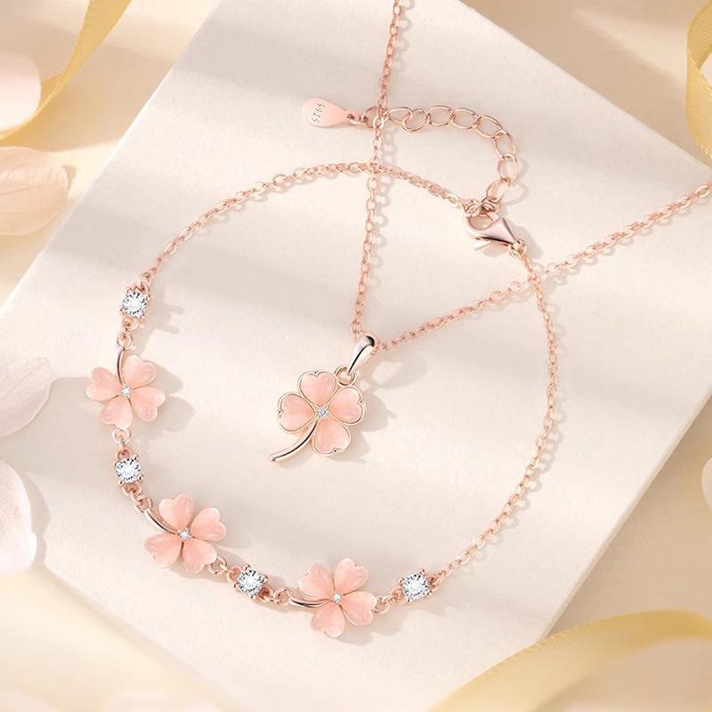 Opal Four-leaf Clover Necklace Women s Pink Diamond Flower Bracelet Pendant Fashion Girl Heart Jewelry Pink Peach Blossom Set 2026 45CM