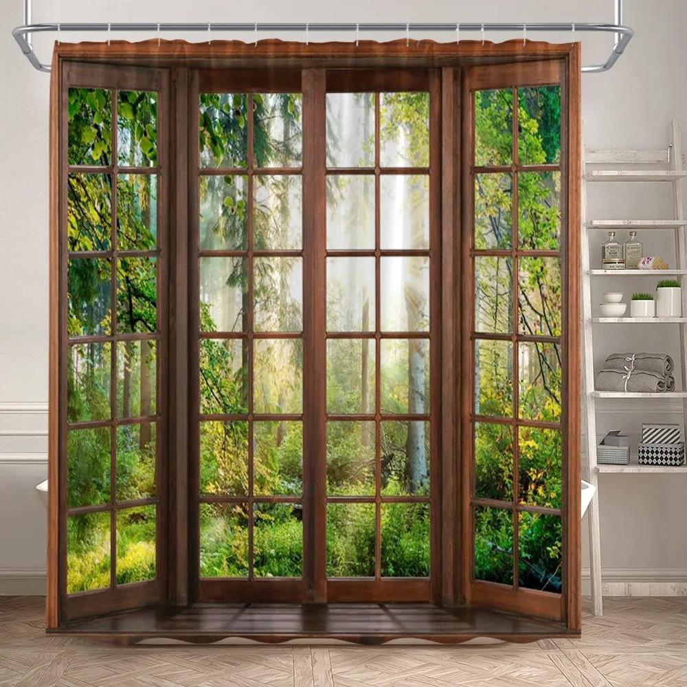 Fence Flowers Shower Curtains Blue Window Nature Floral Plants Scenery Modern Garden Wall Hanging Home Bathroom Decor with Hooks