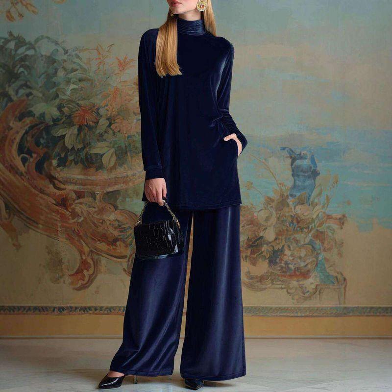 Gold Velvet Loose Top Wide Leg Pants Set