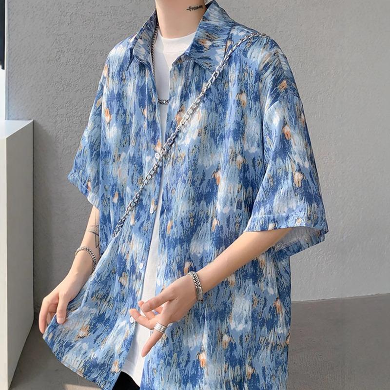 

Men Print Oversized Short Sleeve Button Shirt Casual Loose Breathable Streetwear Summer Top M синий
