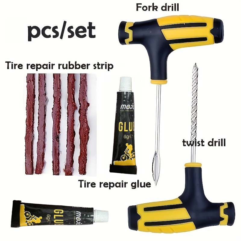 Portable Car Tire Puncture Repair Kit T-Handle Tools Glue Strips Universal for Truck Motorcycle RV Roadside Safety