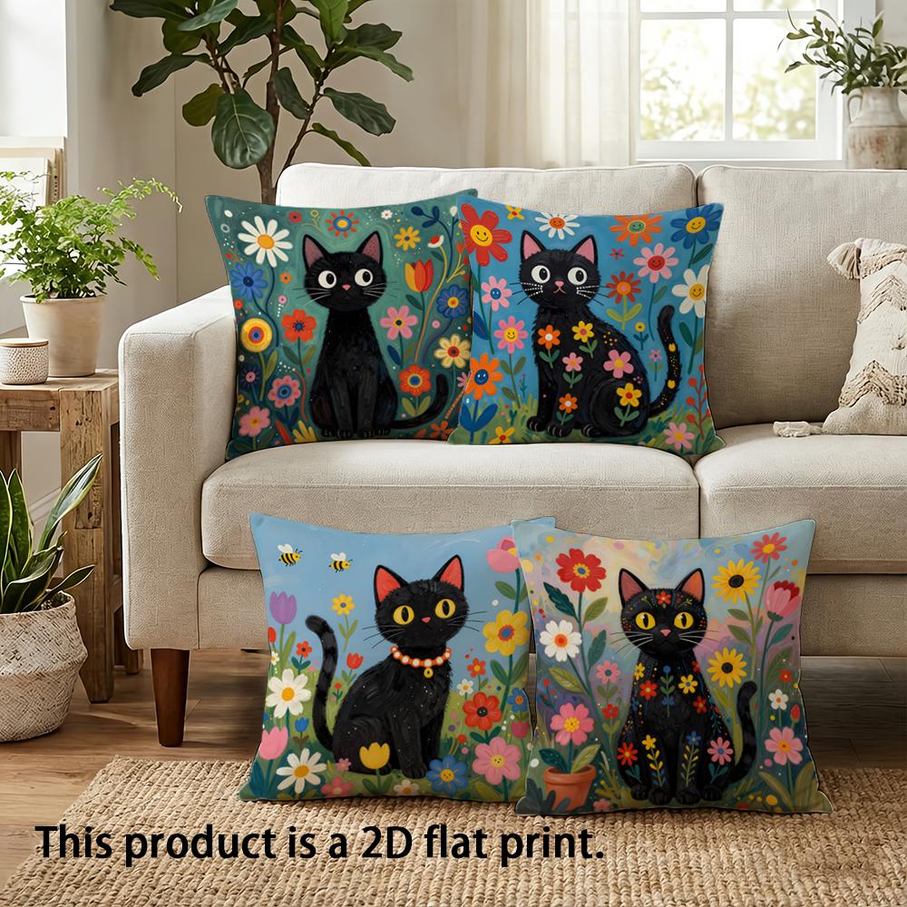 1/4Pcs Black Cat Floral Pillowcases For Cozy Decor Sofa Cushion Cover Home Bedroom Room Decoration