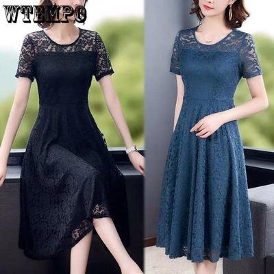 Vestido de encaje sexy para mujer, vestido de verano de manga corta de longitud media, vestido delgado de estilo femenino, vestido casual de color sólido