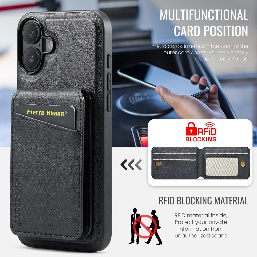 FIERRE SHANN 025 Style For iPhone 16 Case Leather+TPU Detachable Card Slots Phone Cover