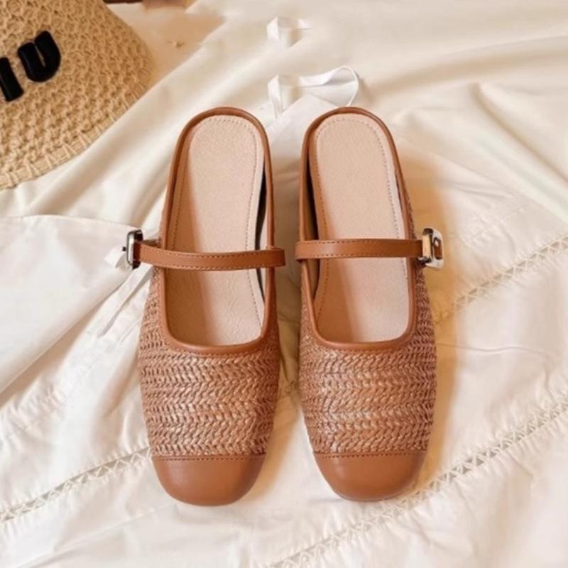 

2025 летняя обувь шлепанцы на платформе женские ленивые соломенные плетеные квадратный носок крутые шлепанцы для работы с сумкой голова половина тапочки женские 40 коричневый