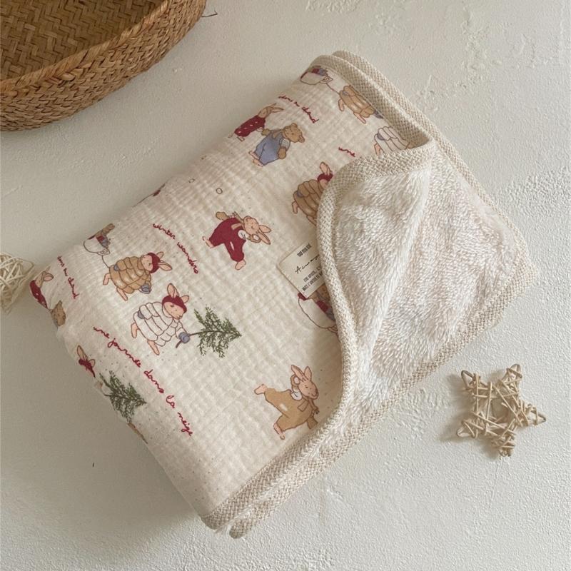 Couverture en Coton Imprimé Réversible Bord Crochet Fleur Couverture Polyvalente Double Épaisseur Chaude pour Bébés & Adultes