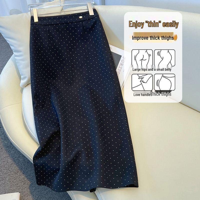 Women's Gray Polka Dot Wool A-Line Hip-Hugging Midi Skirt - Autumn/Winter 2025 Collection