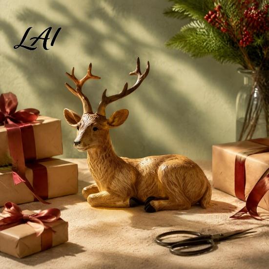 Exquisite Resin Carvings Reindeer Figurine Faux Wood Grain Christmas Deer Statue Retro Home Decor Vintage Tabletop Ornament for Window Display