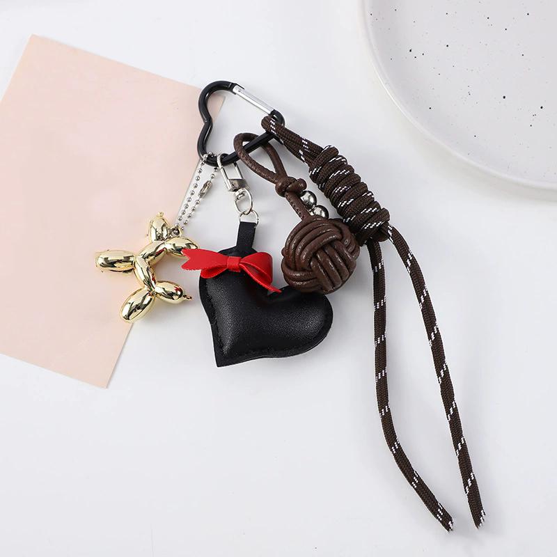 PU Leather Love Heart Bow Cat Keychain Handmade Woven Rope Keyring Y2k Bag Balloon Dog Pendant Sports Hanging Accessories
