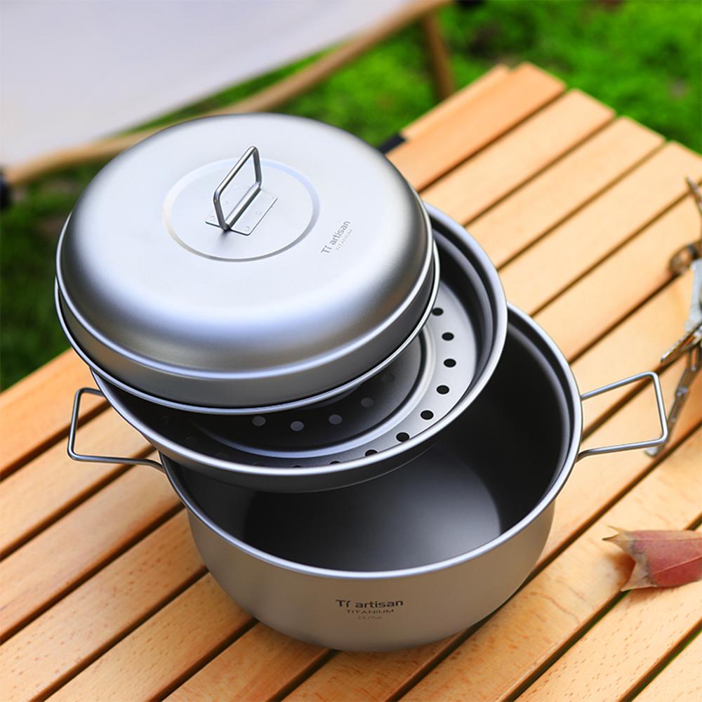 Titan-Dampfgarer, Suppentopf-Set mit Deckel, Outdoor-Camping, Suppen-Dampftopf, Pfanne, Mess-Set