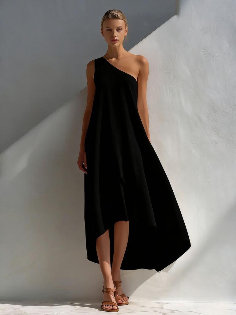 Europäisches und amerikanisches Sommerkleid, vorne kurz und hinten lang, unregelmäßig, für den Urlaub, lässig, ärmellos, schräg geschnittene Schulter
