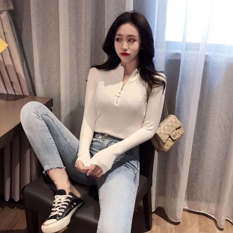 Poloviční rolák Pletená spodní košile Dámské Vnitřní svetr na zip Dámské Westernový styl Univerzální Top Dámské