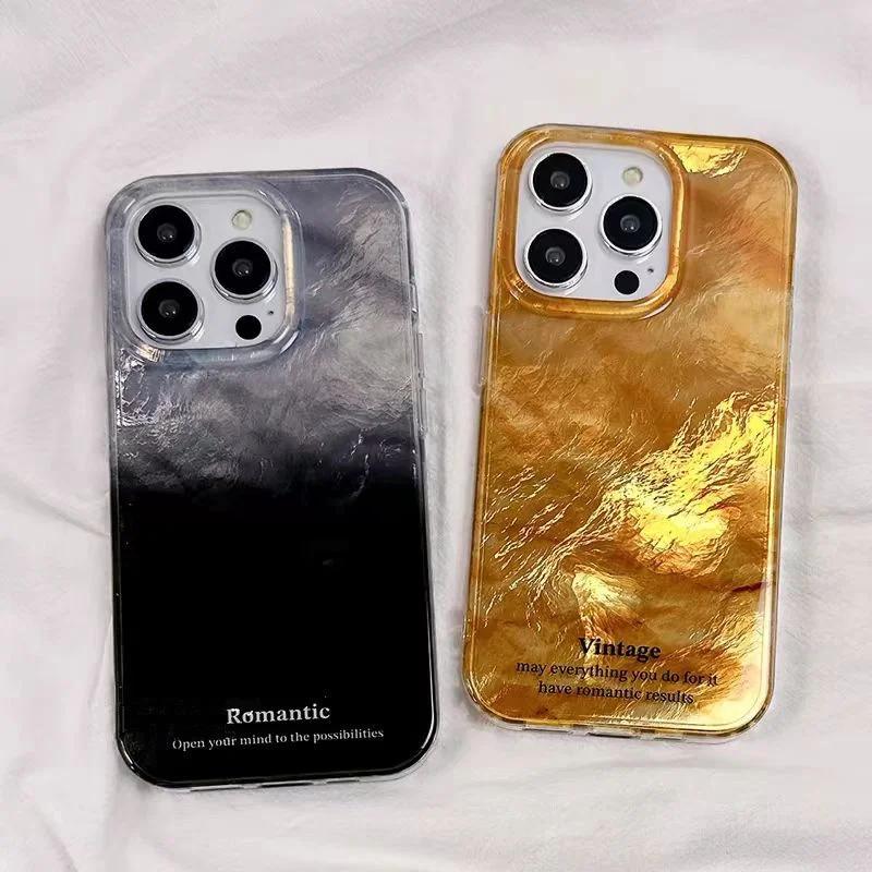 Golden Gradient Tinfoil Texture Phone Case for IPhone 16 14 15 11 12 13 Pro Max 7 8 Plus SE  XR X XS Couple Shockproof Cover