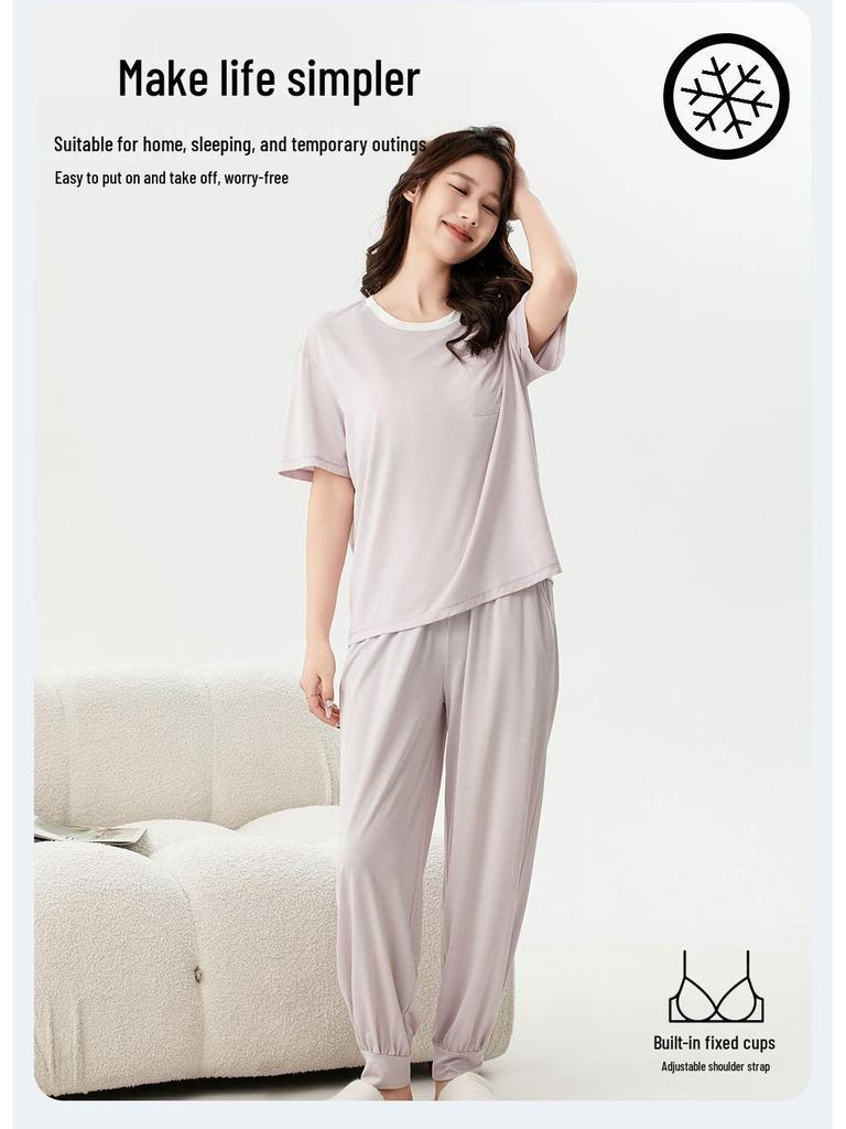 Ice Cloud Cool Feel Color-Blocked Round Neck Short Sleeve Pocket Pajamas with Cups