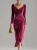 European and American women's clothing, casual velvet sexy new long-sleeved, thin pleated long split hip-wrapped dress