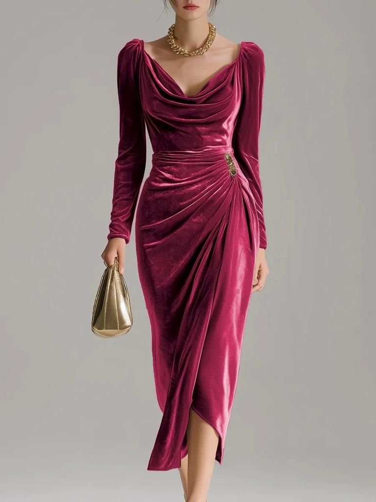 European and American women's clothing, casual velvet sexy new long-sleeved, thin pleated long split hip-wrapped dress