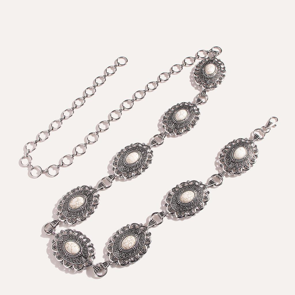 Women's Heavy Industry Exquisitely Carved White Turquoise Palace Style Heavy Metal Waist Chain Retro Fashionable Dress Belt