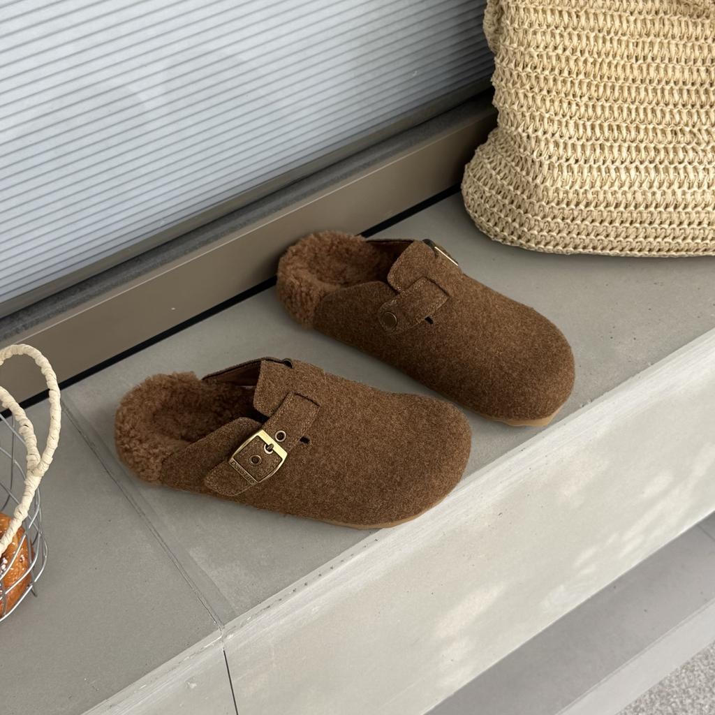 2025 Winter New Leather Retro Thick-soled Heightening Versatile Casual Slippers Women's Thickened and Hairy Low-top Birkenstocks