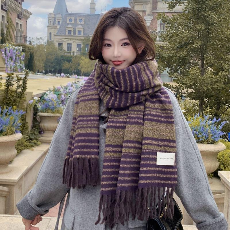 Women Winter Knitted Scarf Headscarf Lady Men Preppy Retro Striped Print Tassel Scarve Male Foulard Wrap Shawl Casual Korean New