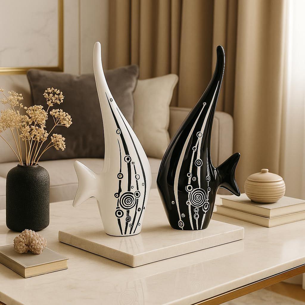 Modern Minimalist Black and White Bubble Fish Art Figure | Beautiful Home Decor- (Set of 2 Pc), Ceramic
