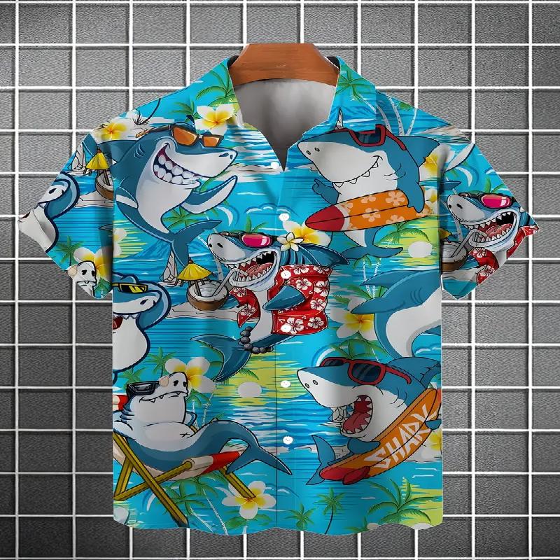 

Мужская гавайская рубашка с 3D принтом акулы, модная, с короткими рукавами, V-образным вырезом, пряжкой, подкладкой, повседневный летний топ из полиэфирного волокна, обычная версия 5XL