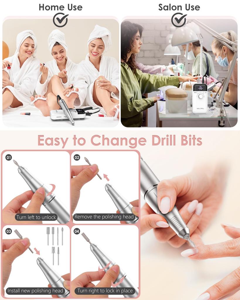 Electric Nail Drill Professional: 45000 RPM Portable Rechargeable Nail Drills Machine with 6 Bits, Drill para Uñas E File for Ac