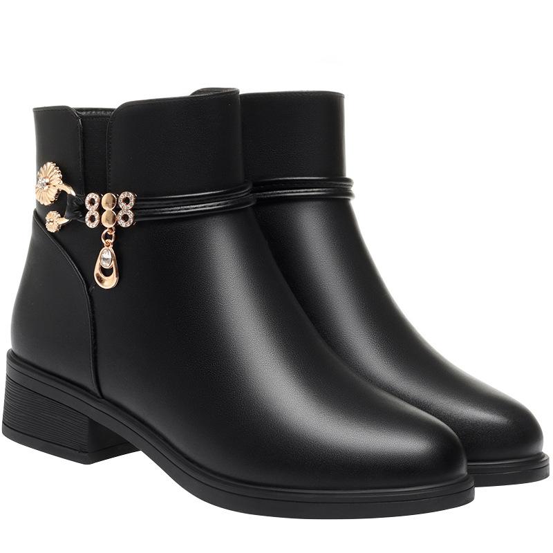 Coarse heel short boots women's autumn and winter new boots mother shoes soft leather soft sole elderly cotton shoes comfortable velvet leather shoes