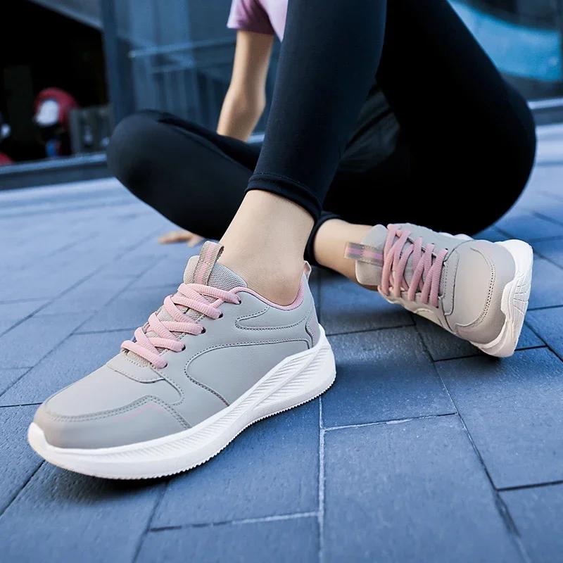 Vier Jahreszeiten wasserdichte leichte Laufschuhe Damen Leder Jogging Casual Sneakers Damenmode rutschfeste Fitnessschuhe