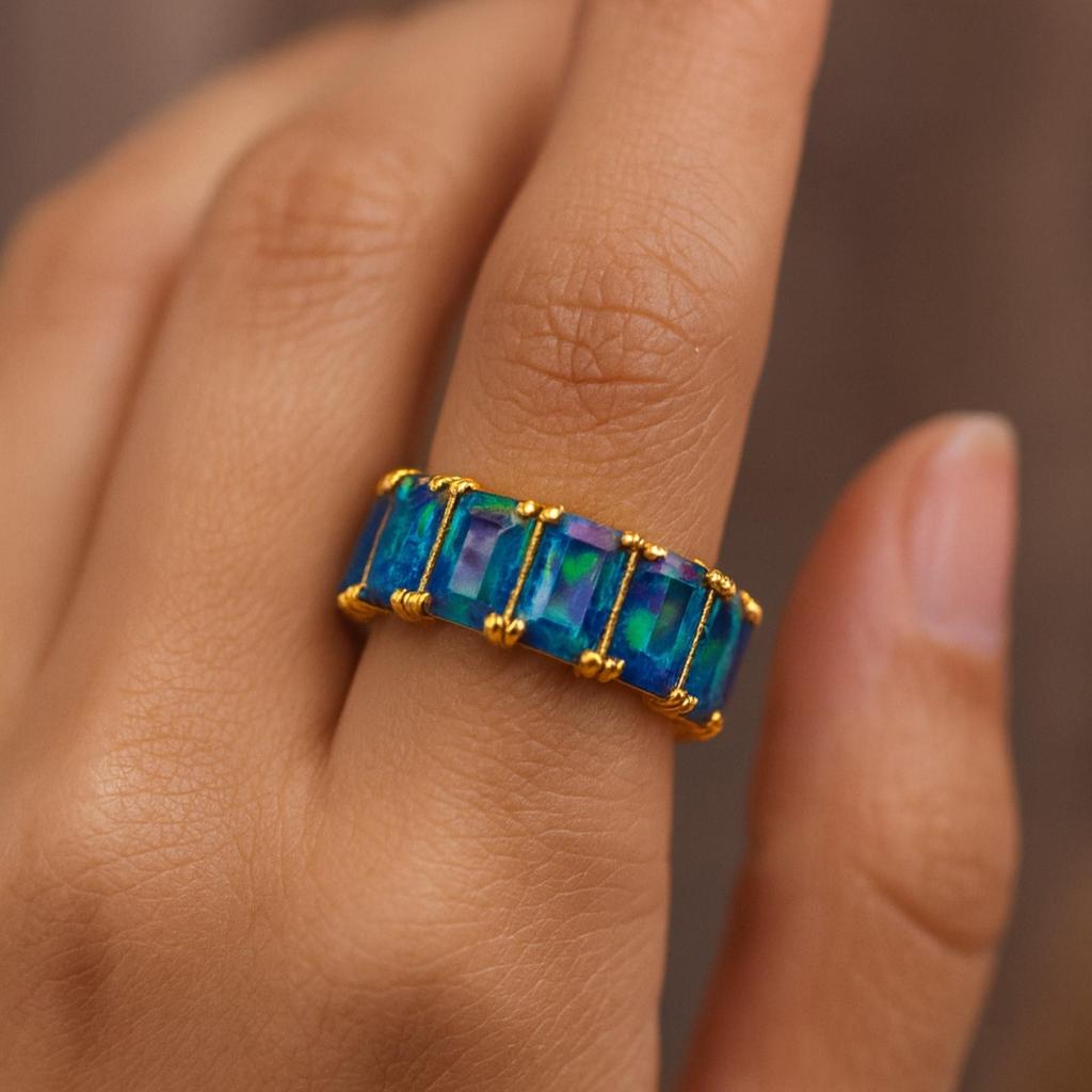 Gold Plated Black Opal Eternity 925 Sterling Silver Band – Wide Statement Ring, Vintage Inspired Wedding & Fashion Jewelry for Women