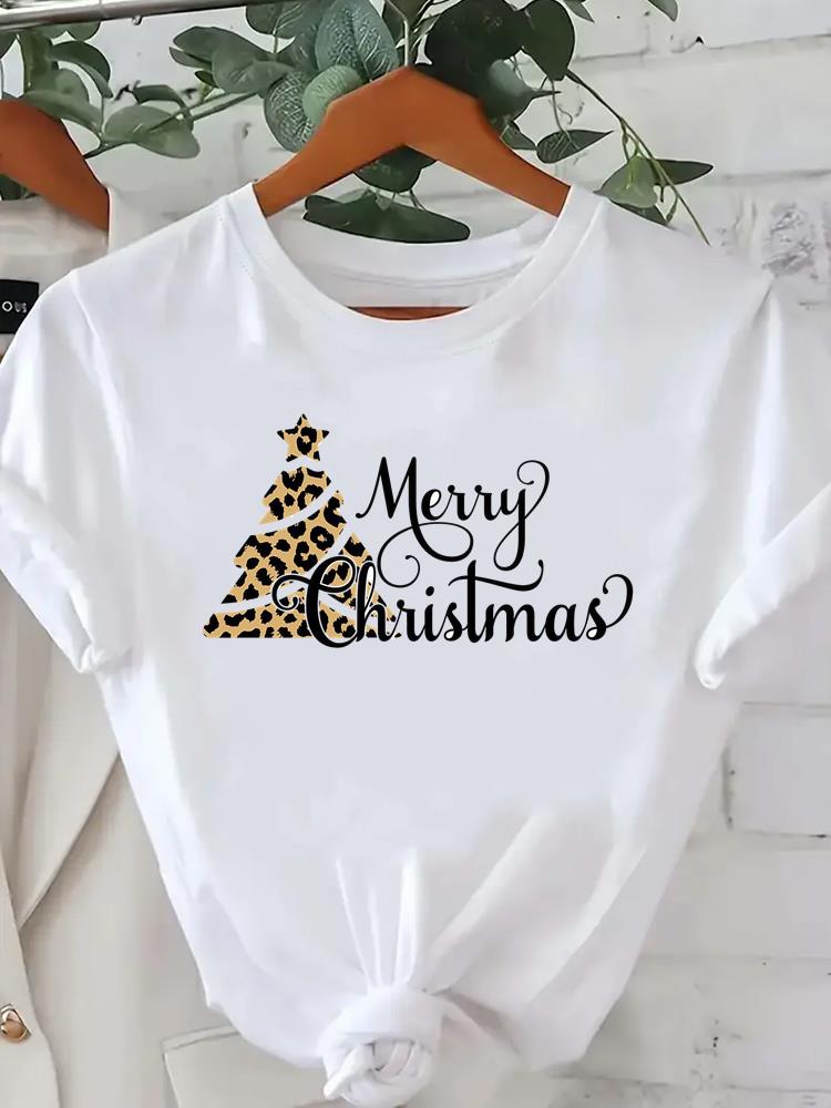 (Asian Size) leopard tree happy new year Tee merry Christmas festival O-neck Clothing Women's Top T Print Fashion ladies Graphic T-shirts