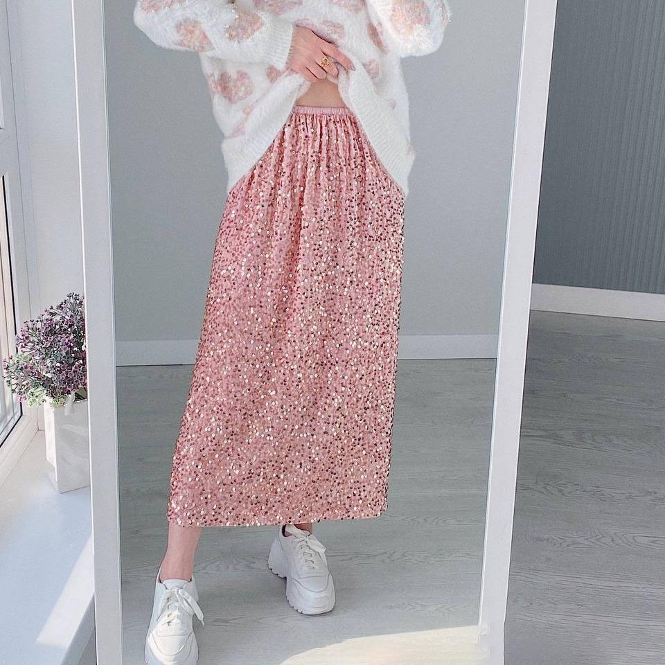 Outono e inverno cor sólida veludo lantejoulas midi vestido all-match elegante sexy saia feminina