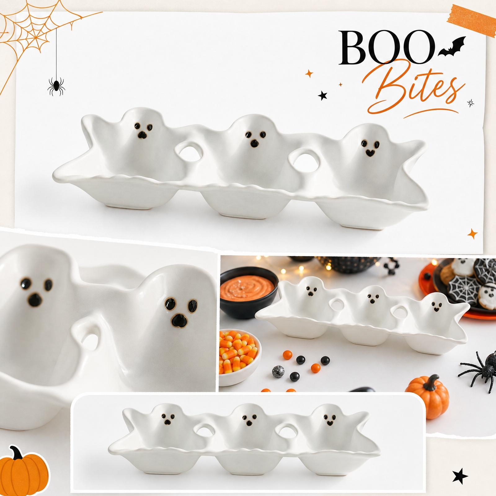 Ceramic Halloween Ghost Shaped Condiment Tray Triple Section Serving Dish for Sauce Dips and Snacks Tableware One Size
