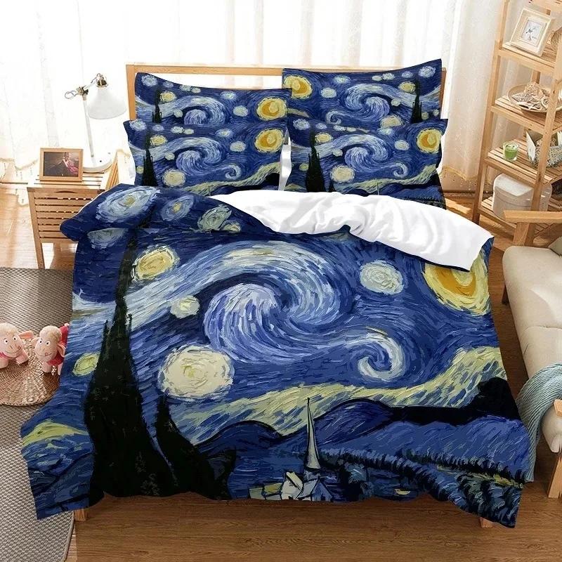Oil Painting Van Gogh Star Sky Comfortable Duvet Quilt Cover Pillowcase Bedding Set Children Bedroom Decoration Home Textile