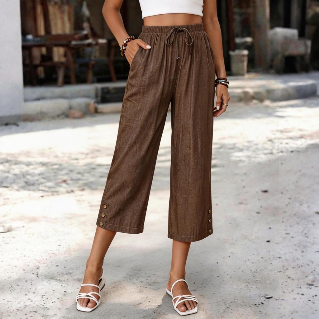 Women Drawstring Waist Loose Fit Cropped Pants with Pockets and Button Detail Casual Straight Leg Trousers