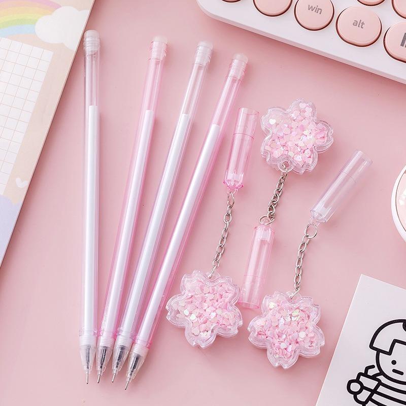16 Pcs Wholesale Creative Pink Sequins Cherry Blossom Pendant Neutral Pen Lovely Flower Student Signature Pen Writing Supplies School Office Supplies