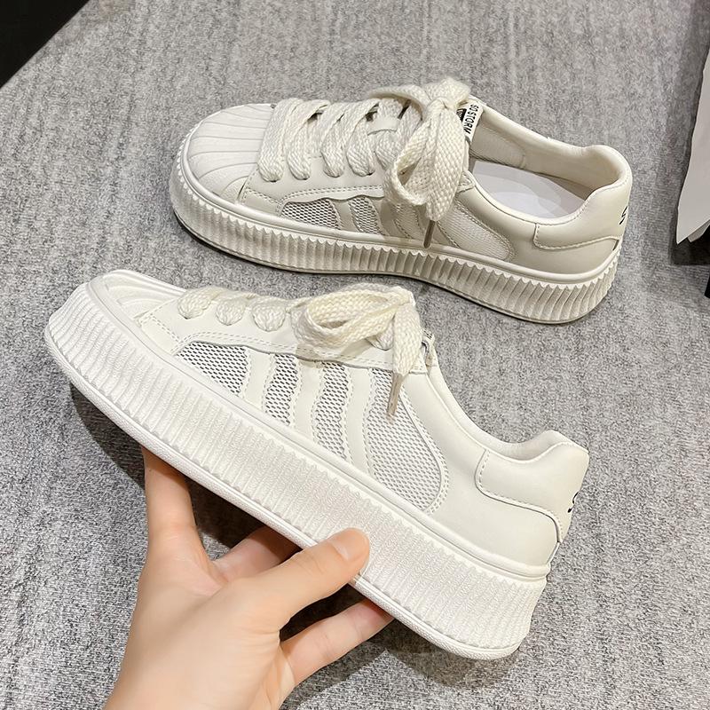 thick-soled little white shoes women's spring and summer new versatile casual board shoes shell head leather mesh flat-soled biscuit shoes