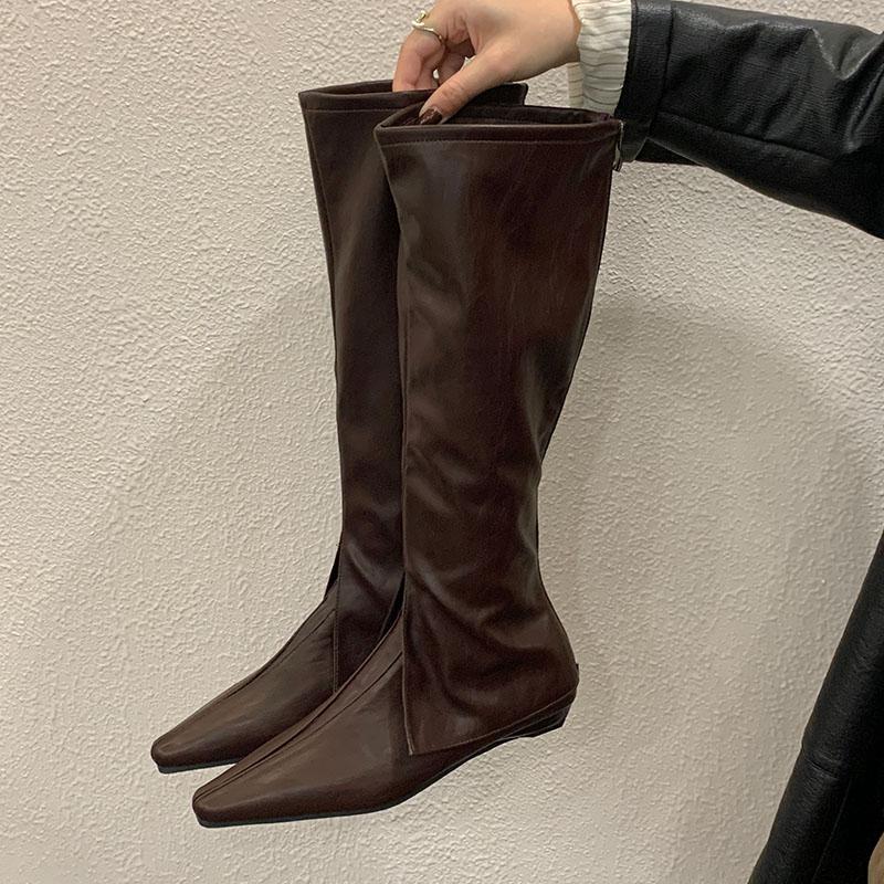 Mote Ny Mote Spiss Tå Dame Knehøye Støvletter Med Lav Hæl Sko Kvinnelig Glidelåser Fottøy Western Damer Lange Ankelstøvletter Sko