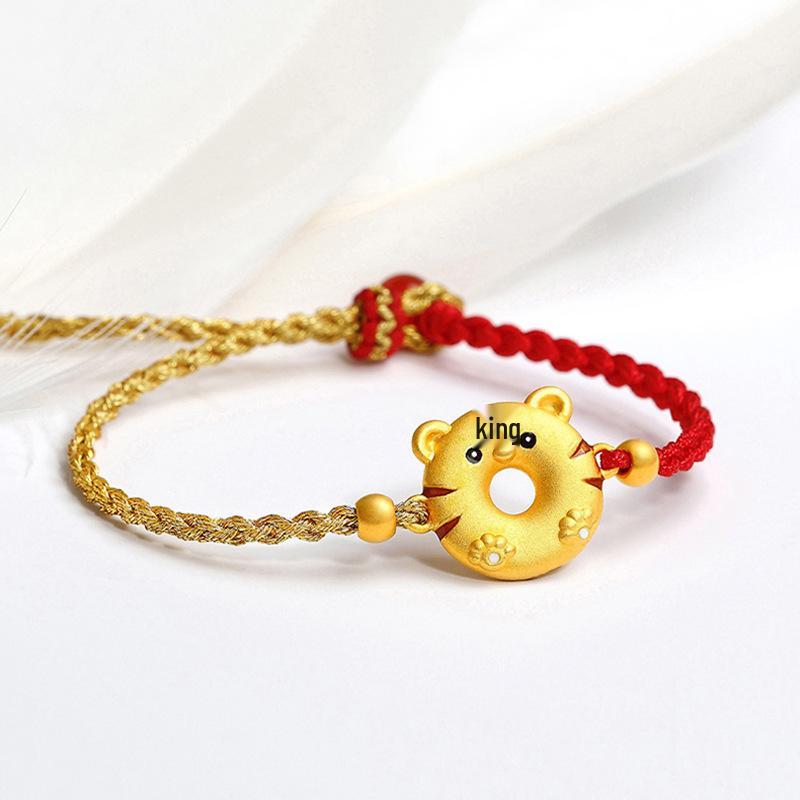 Wietnamska pozłacana bransoletka z tygrysem zodiakalnym na czerwonej nici - Szczęśliwy prezent dla pary